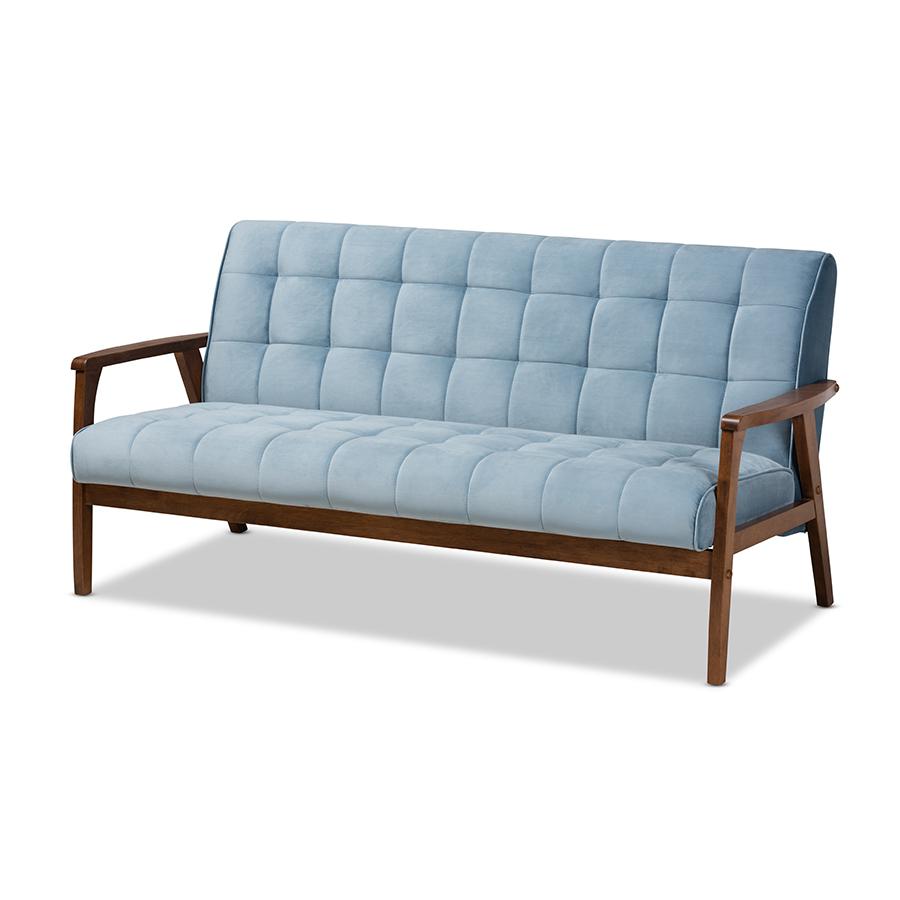 Baxton Studio Asta Mid-Century Modern Light Blue Velvet Fabric Upholstered Walnut Finished Wood Sofa. Picture 1