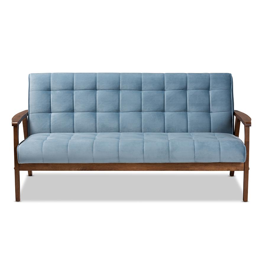 Baxton Studio Asta Mid-Century Modern Light Blue Velvet Fabric Upholstered Walnut Finished Wood Sofa. Picture 3