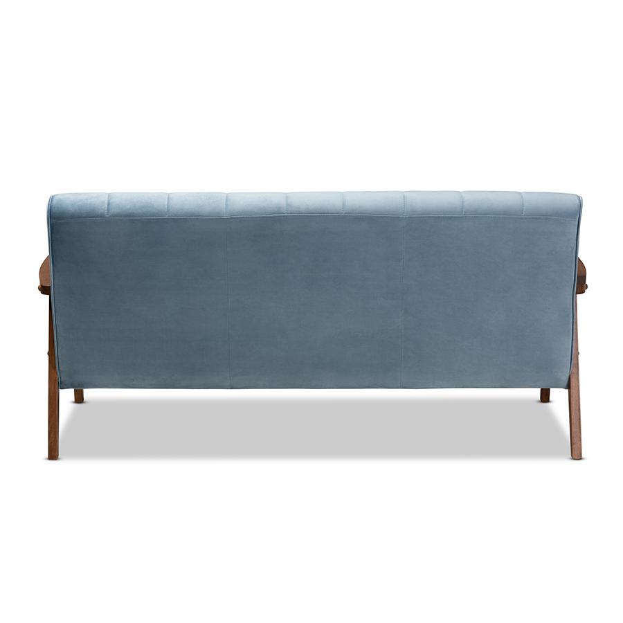 Baxton Studio Asta Mid-Century Modern Light Blue Velvet Fabric Upholstered Walnut Finished Wood Sofa. Picture 5
