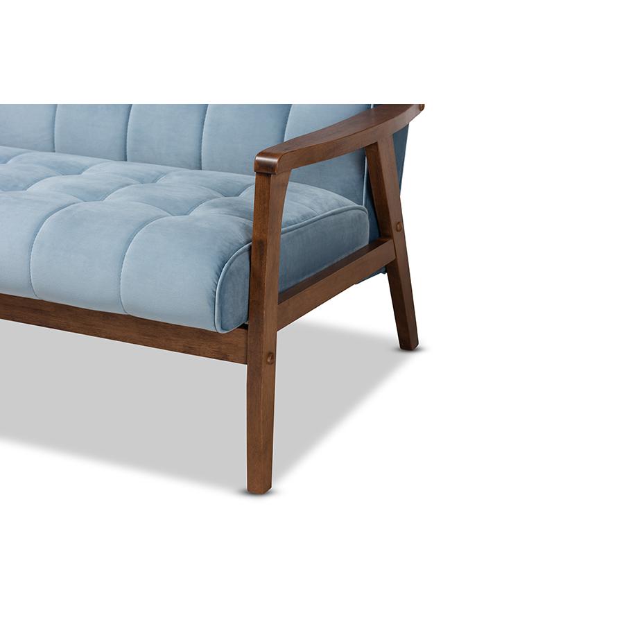 Baxton Studio Asta Mid-Century Modern Light Blue Velvet Fabric Upholstered Walnut Finished Wood Sofa. Picture 7