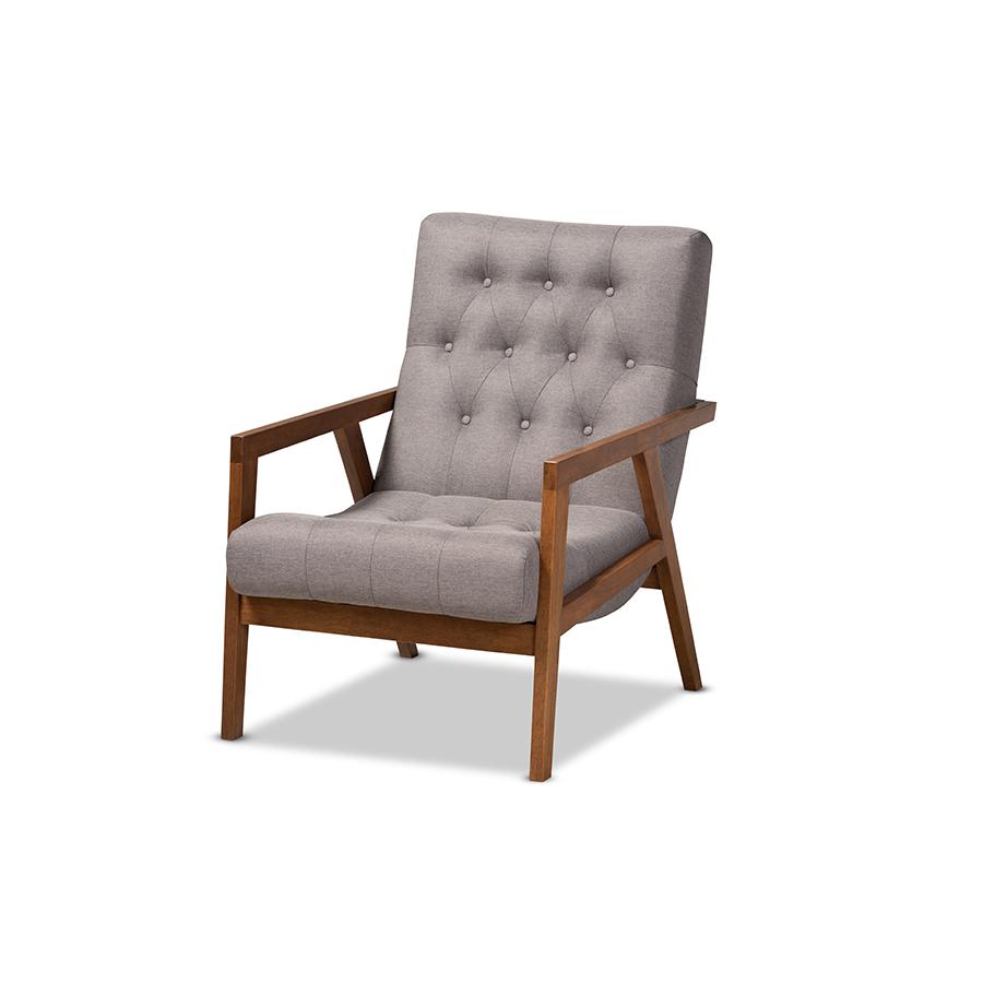 Naeva Mid-Century Modern Grey Fabric Upholstered Walnut Finished Wood Armchair. Picture 1