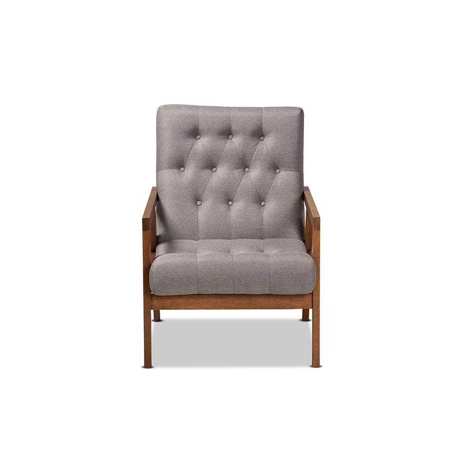 Naeva Mid-Century Modern Grey Fabric Upholstered Walnut Finished Wood Armchair. Picture 2