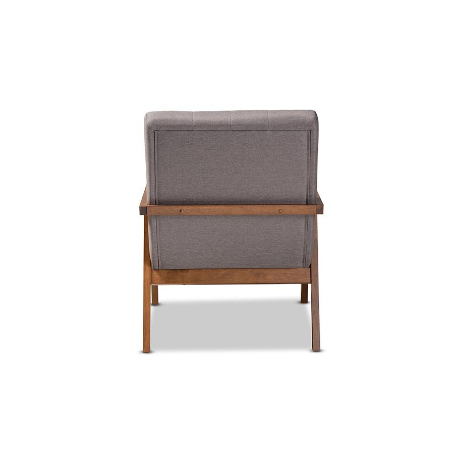 Naeva Mid-Century Modern Grey Fabric Upholstered Walnut Finished Wood Armchair. Picture 4