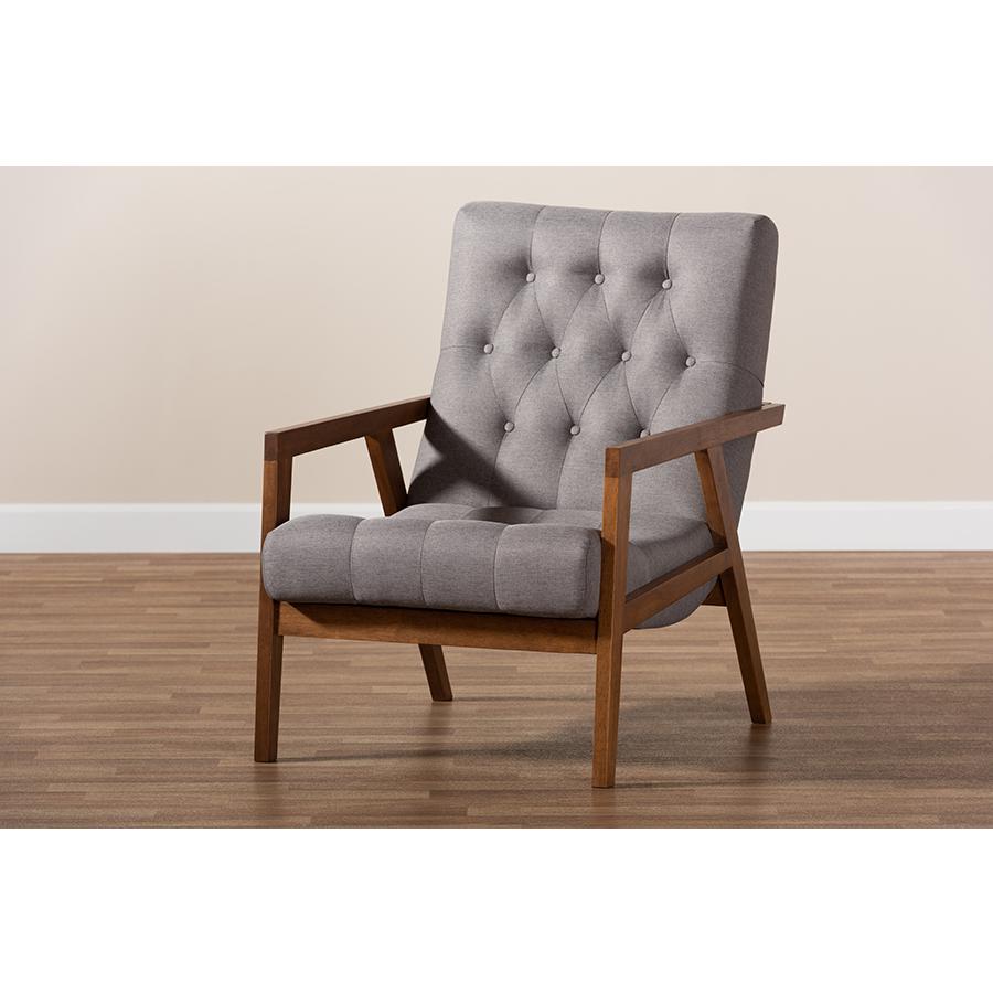 Naeva Mid-Century Modern Grey Fabric Upholstered Walnut Finished Wood Armchair. Picture 8