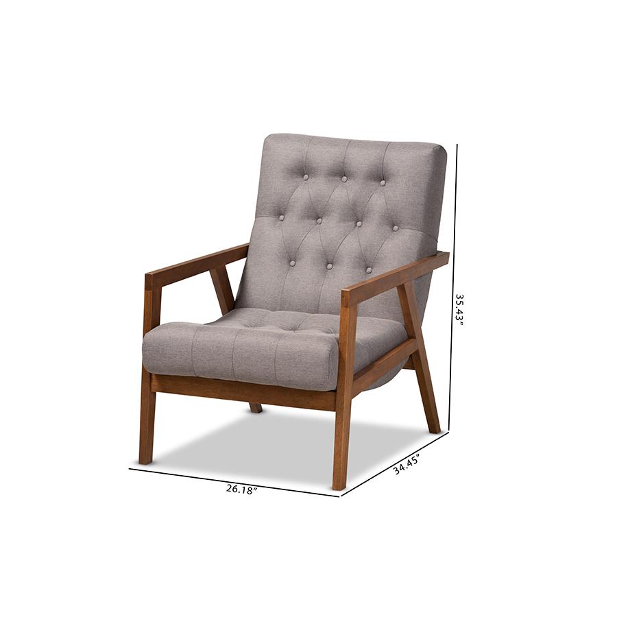 Naeva Mid-Century Modern Grey Fabric Upholstered Walnut Finished Wood Armchair. Picture 9