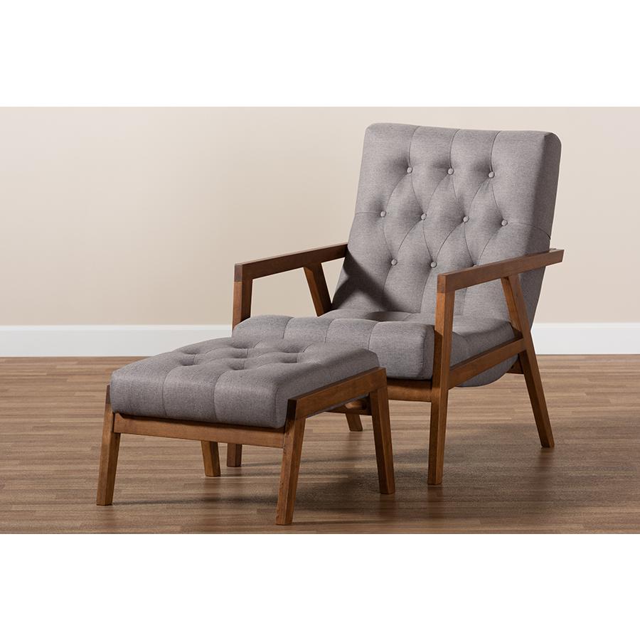 Baxton Studio Naeva Mid-Century Modern Grey Fabric Upholstered Walnut Finished Wood 2-Piece Armchair and Footstool Set. Picture 13