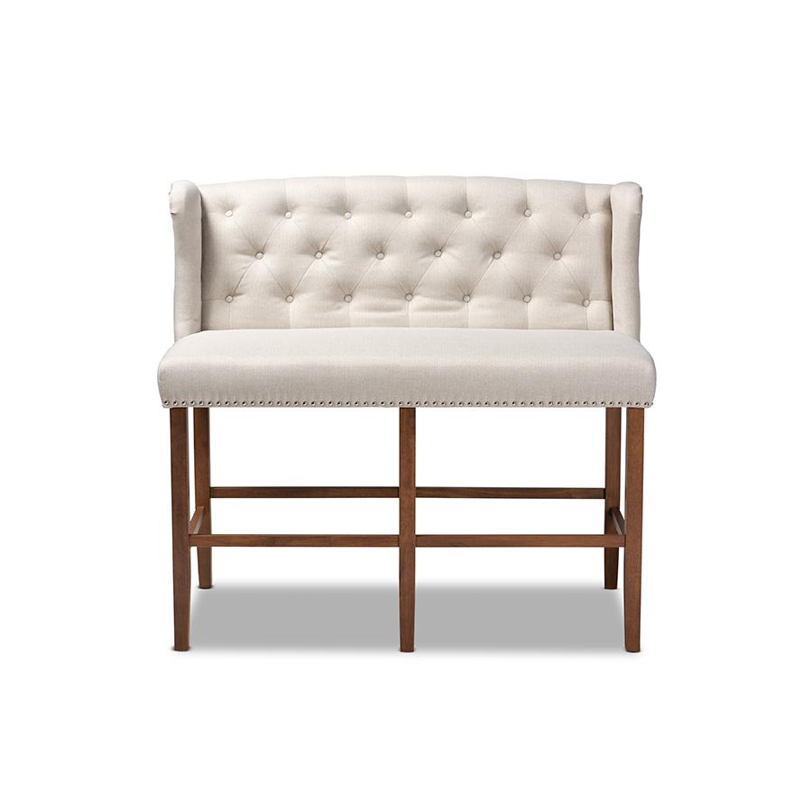 Baxton Studio Alira Modern and Contemporary Beige Fabric Upholstered Walnut Finished Wood Button Tufted Bar Stool Bench. Picture 3