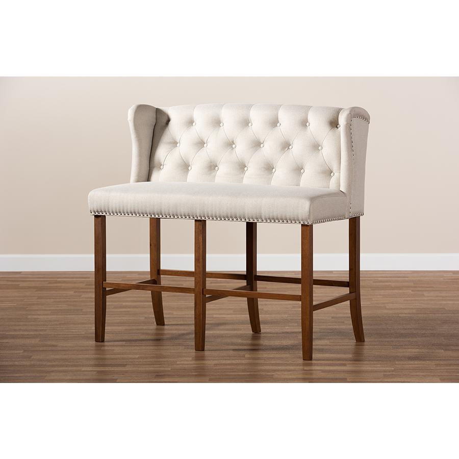 Baxton Studio Alira Modern and Contemporary Beige Fabric Upholstered Walnut Finished Wood Button Tufted Bar Stool Bench. Picture 10