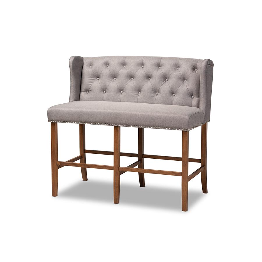 Baxton Studio Alira Modern and Contemporary Grey Fabric Upholstered Walnut Finished Wood Button Tufted Bar Stool Bench. Picture 1