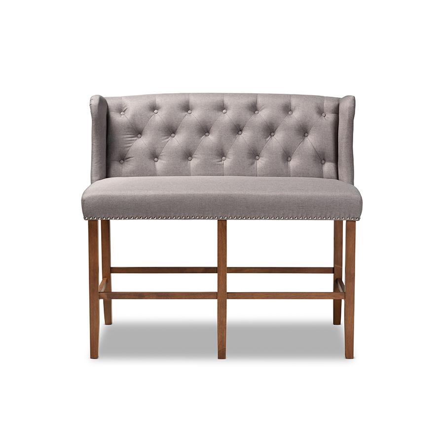 Baxton Studio Alira Modern and Contemporary Grey Fabric Upholstered Walnut Finished Wood Button Tufted Bar Stool Bench. Picture 3