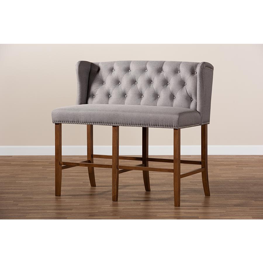 Baxton Studio Alira Modern and Contemporary Grey Fabric Upholstered Walnut Finished Wood Button Tufted Bar Stool Bench. Picture 10