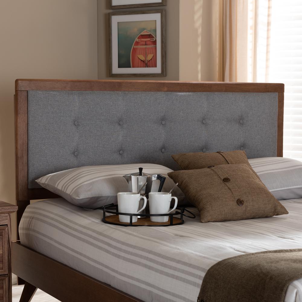 Light Grey Fabric Upholstered Walnut Brown Finished Wood King Size Headboard. Picture 9