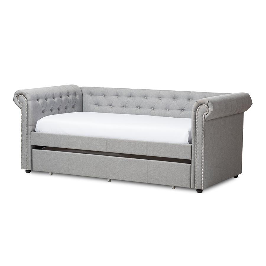Grey Fabric Trundle Daybed. Picture 1