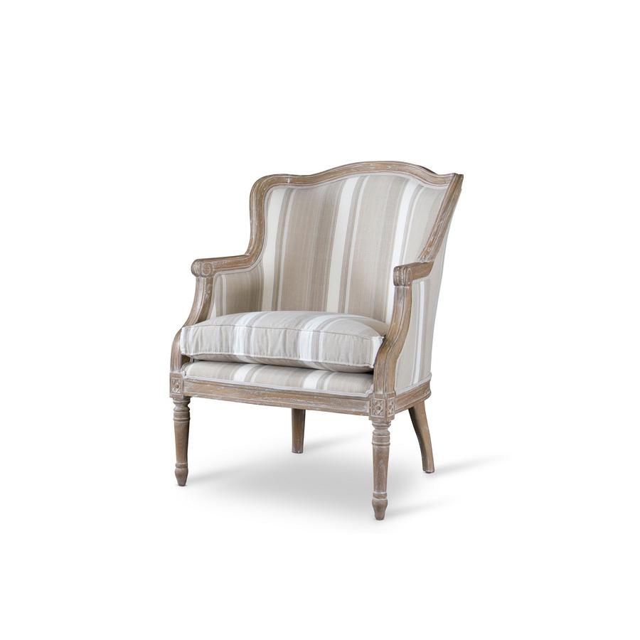 Charlemagne Traditional French Accent Chair—Oak (Brown Stripe) Beige. Picture 1