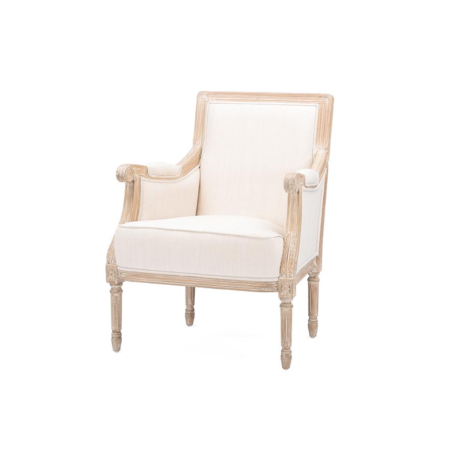 Chavanon Wood & Light Beige Linen Traditional French Accent Chair Light Beige/Natural. Picture 1