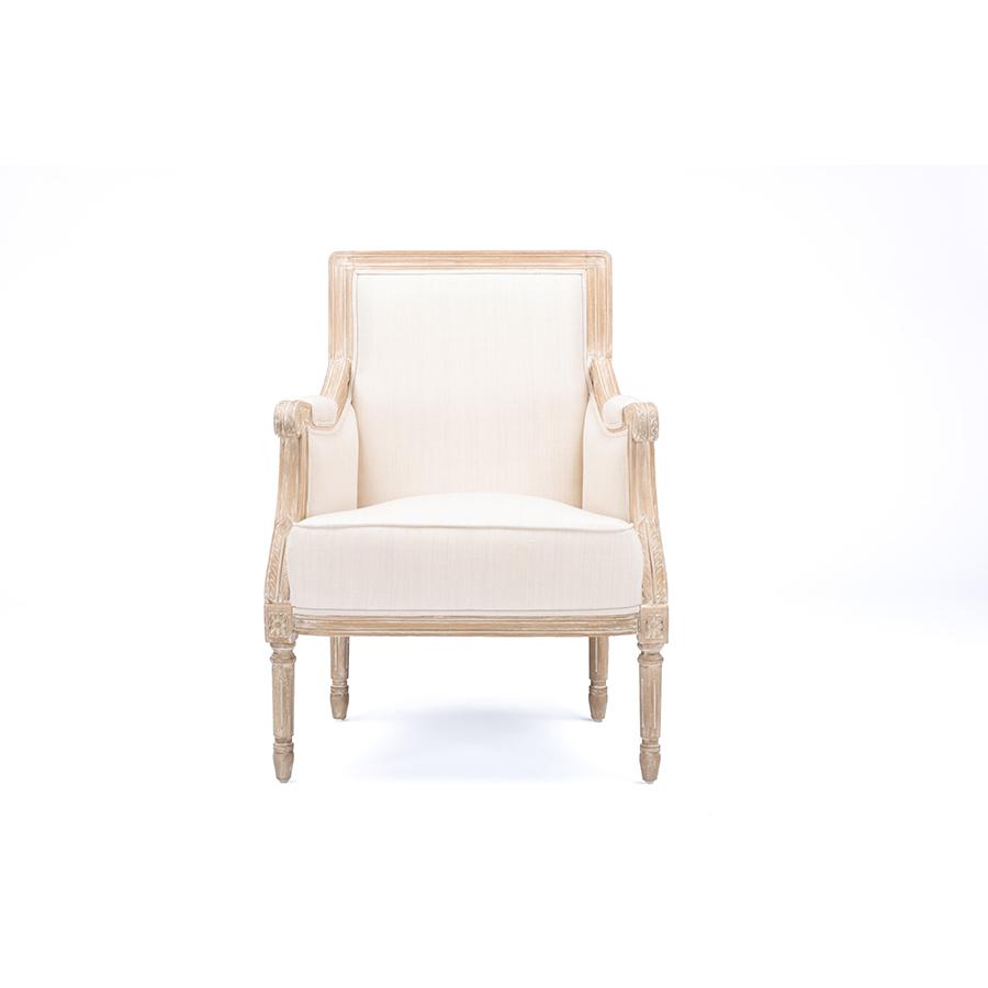 Chavanon Wood & Light Beige Linen Traditional French Accent Chair Light Beige/Natural. Picture 2