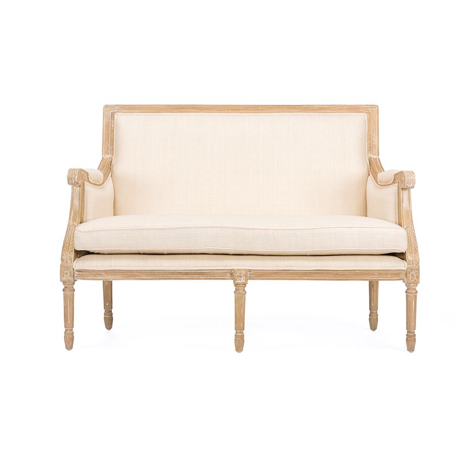 Chavanon Wood & Light Beige Linen Traditional French Loveseat Light Beige/Natural. Picture 1