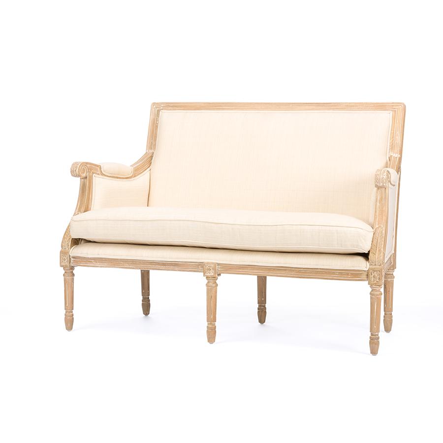Chavanon Wood & Light Beige Linen Traditional French Loveseat Light Beige/Natural. Picture 2
