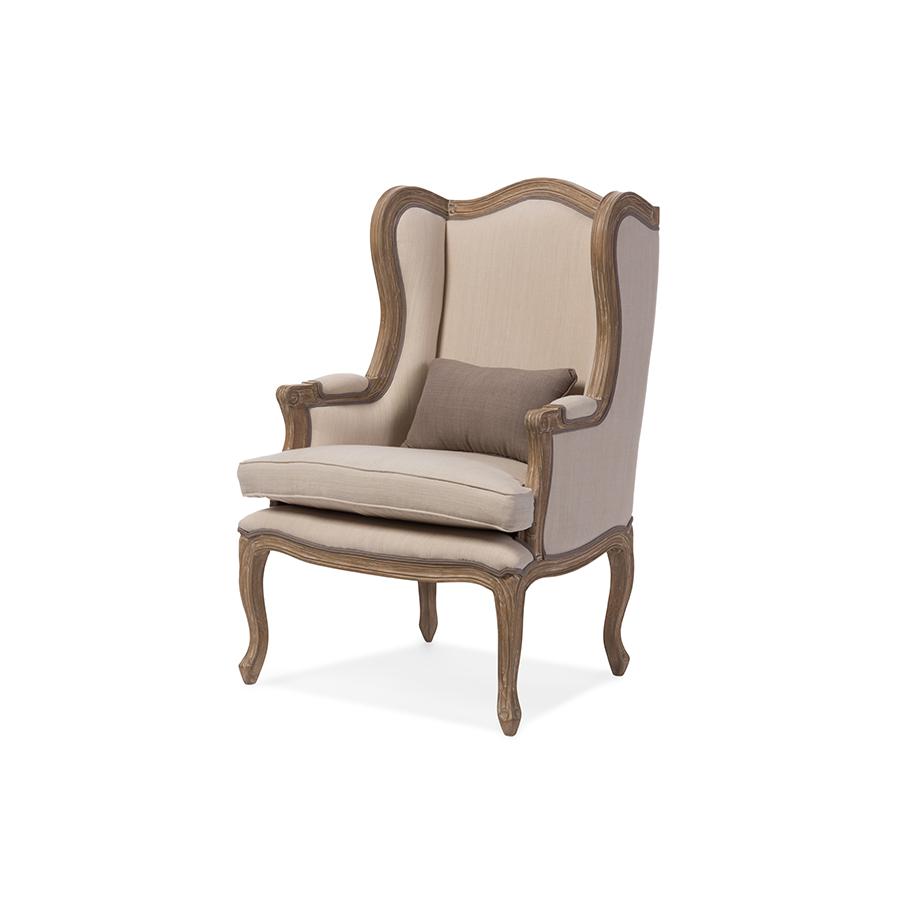 White Wash Distressed Two-tone Beige Upholstered Armchair. Picture 1