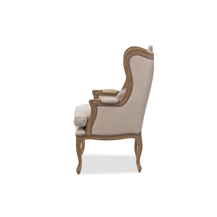 White Wash Distressed Two-tone Beige Upholstered Armchair. Picture 2
