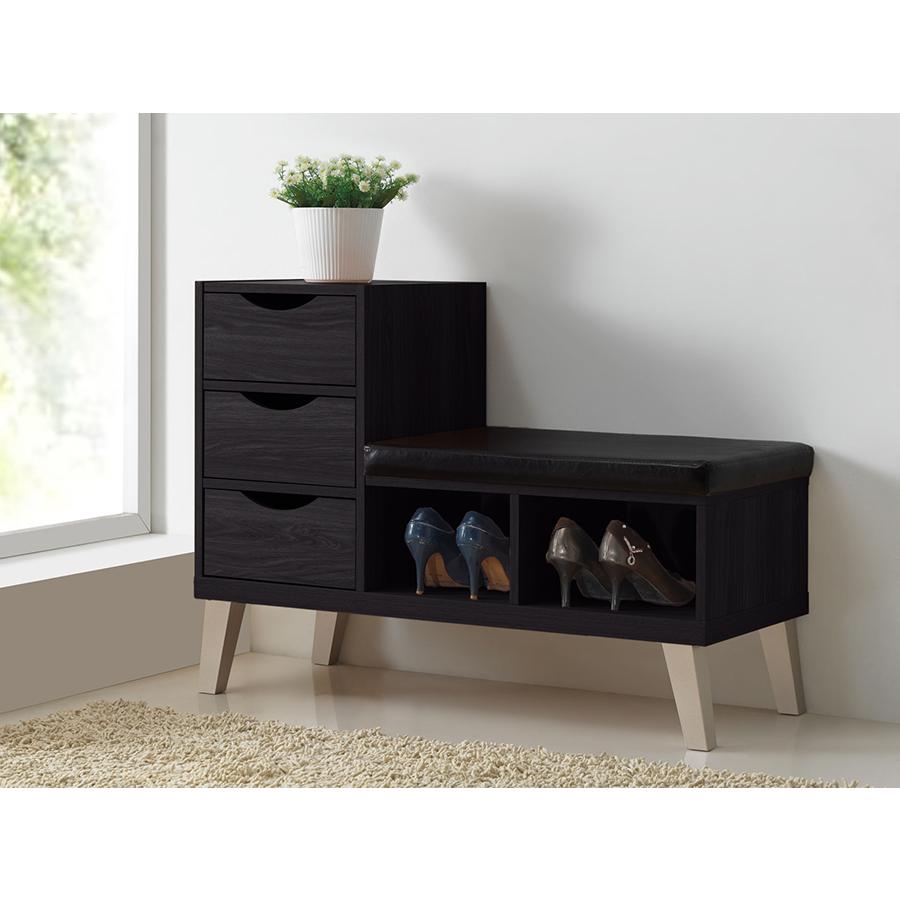 Wood 3-drawer Shoe Storage Padded Leatherette Seating Bench. Picture 3