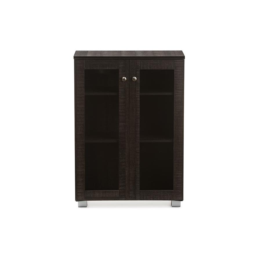 Dark Brown Multipurpose Storage Cabinet Sideboard with Two Class Doors. Picture 1