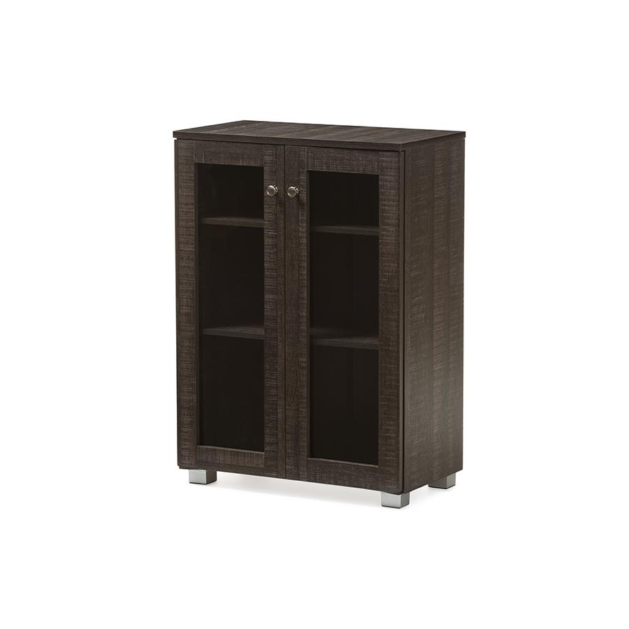 Mason Dark Brown Multipurpose Storage Cabinet Sideboard with Two Class Doors. Picture 1