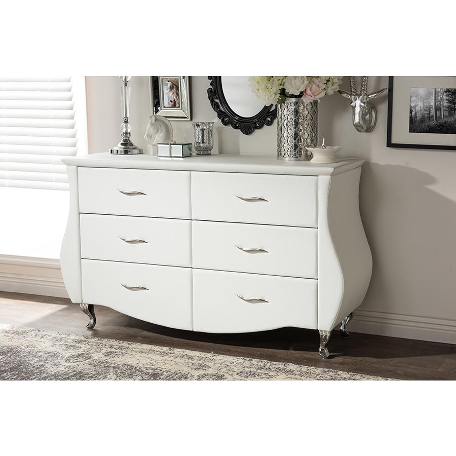 Enzo Modern and Contemporary White Faux Leather 6-Drawer Dresser. Picture 3