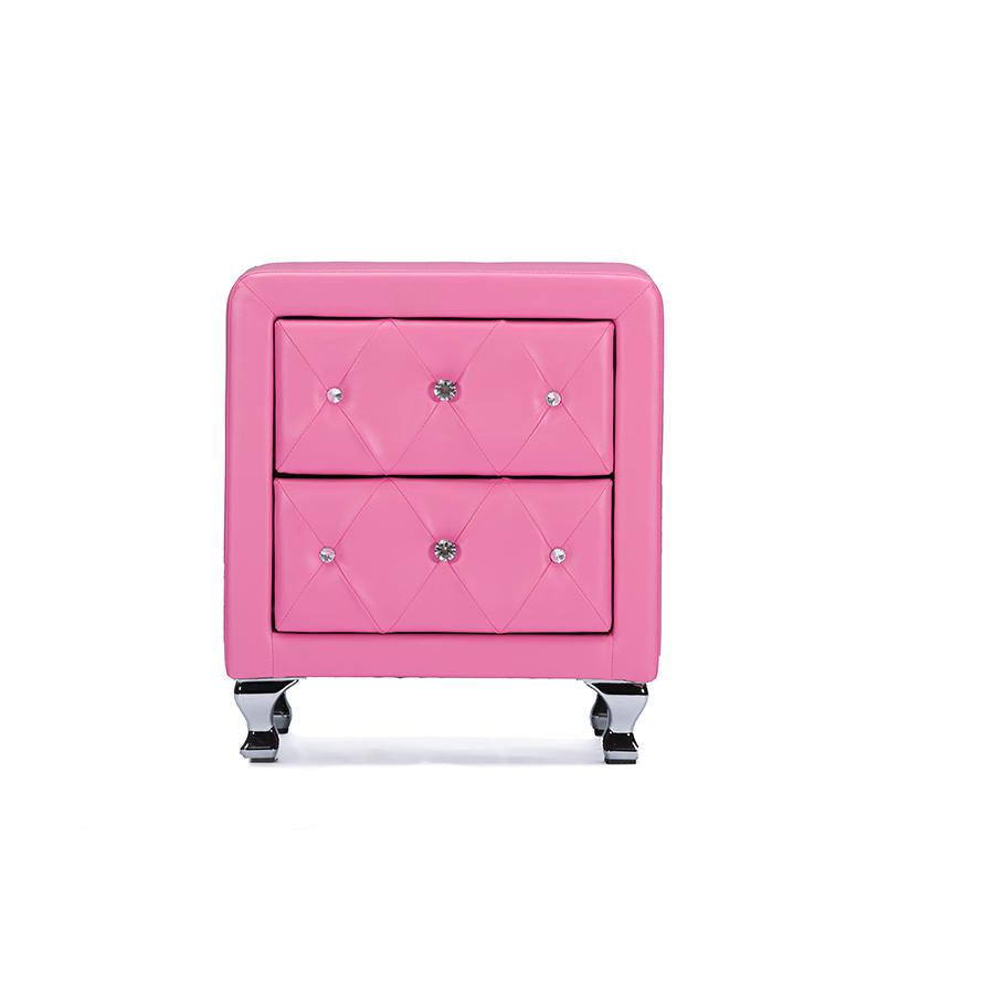 Stella Crystal Tufted Pink Leather Modern Nightstand. Picture 5
