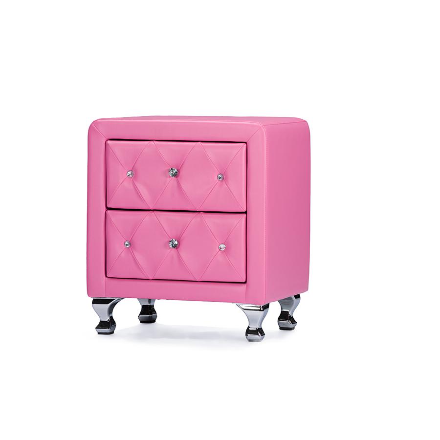 Stella Crystal Tufted Pink Leather Modern Nightstand. Picture 1