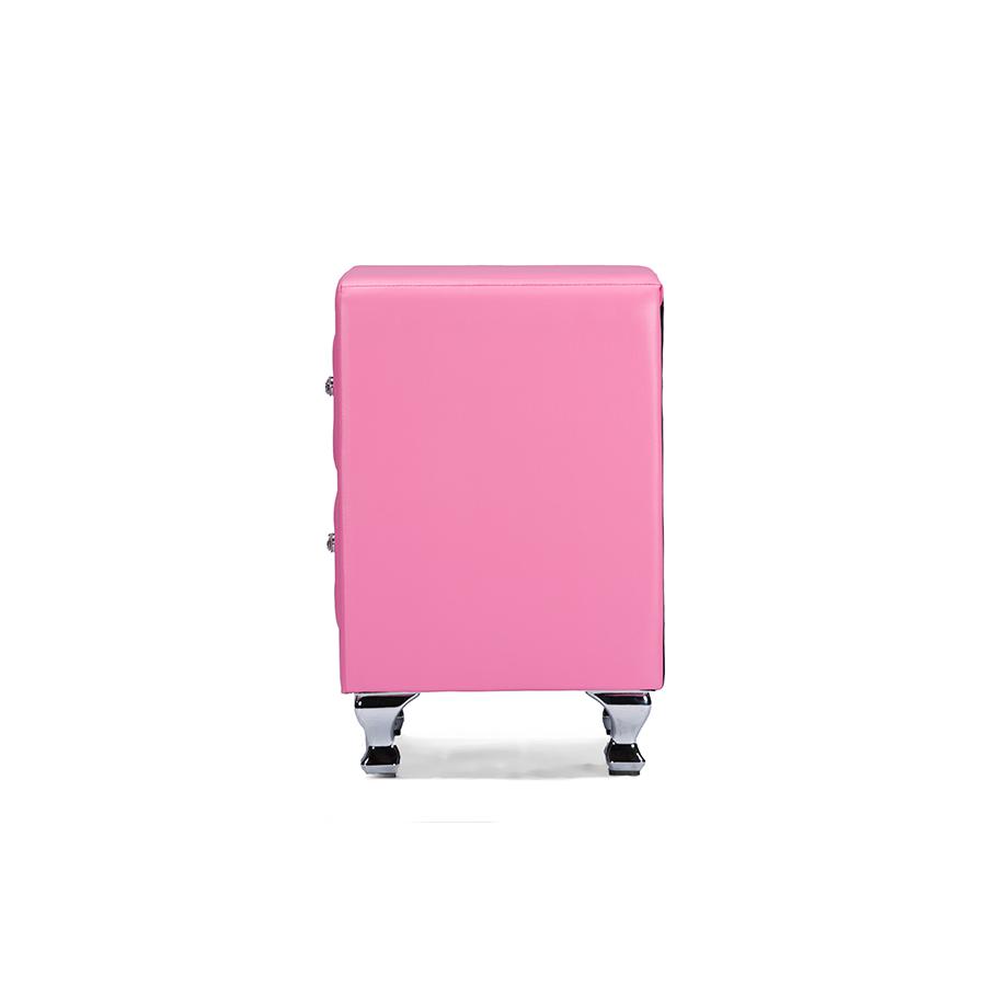 Stella Crystal Tufted Pink Leather Modern Nightstand. Picture 2