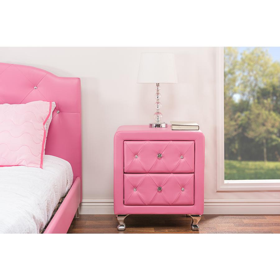 Stella Crystal Tufted Pink Leather Modern Nightstand. Picture 4