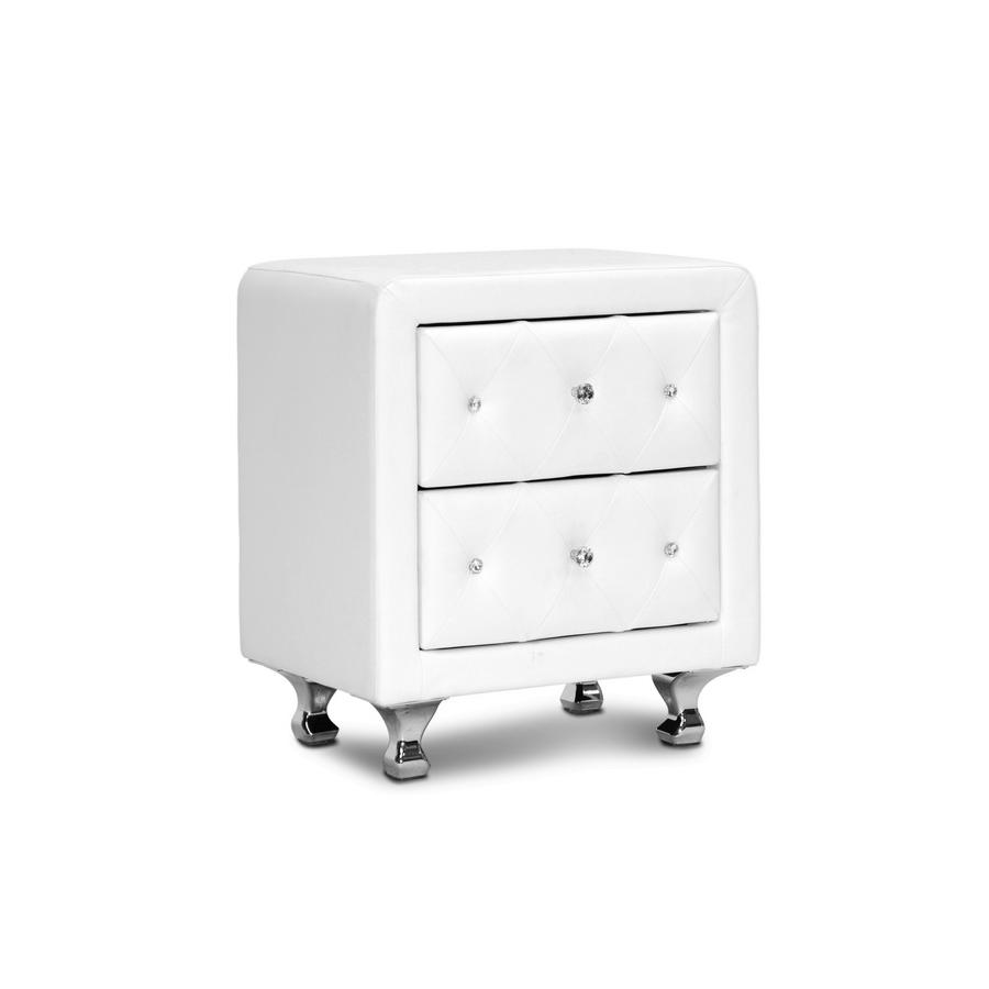Crystal Tufted White Upholstered Nightstand. Picture 1
