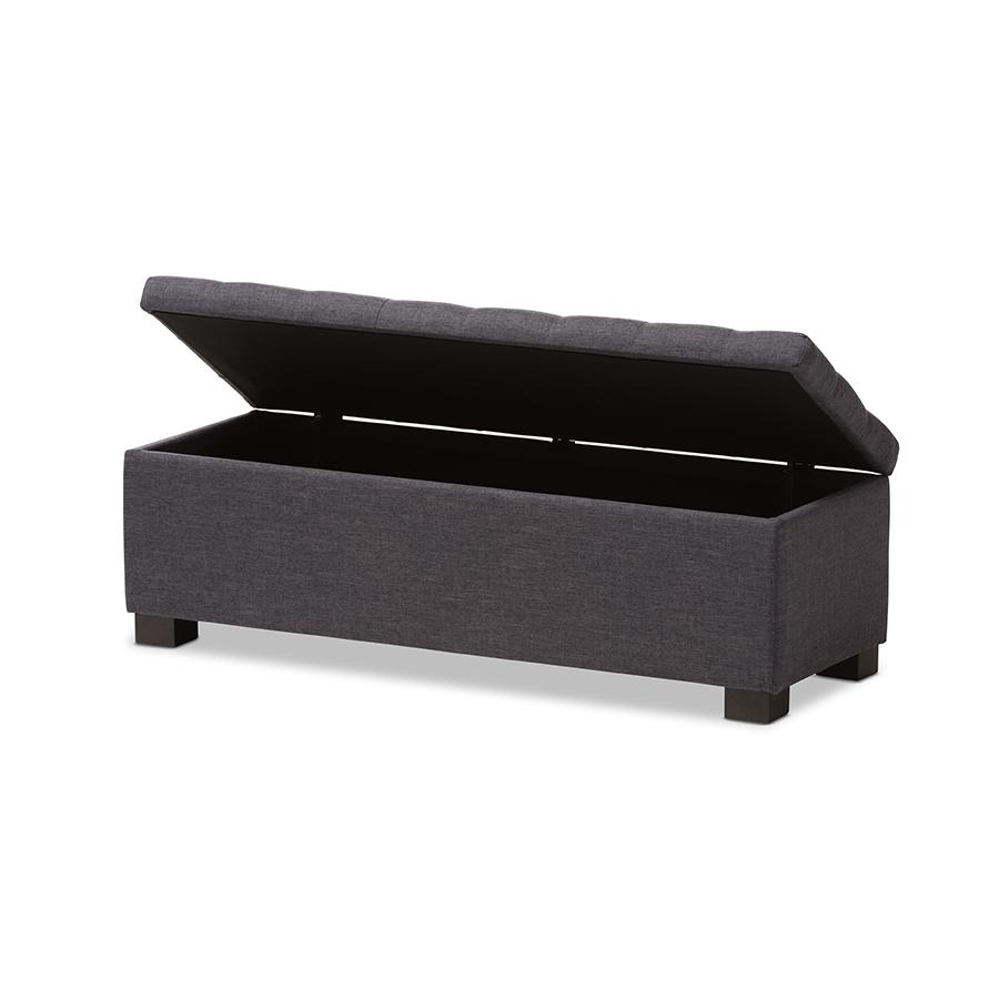 Roanoke Modern and Contemporary Dark Grey Fabric Upholstered Grid-Tufting Storage Ottoman Bench. Picture 2