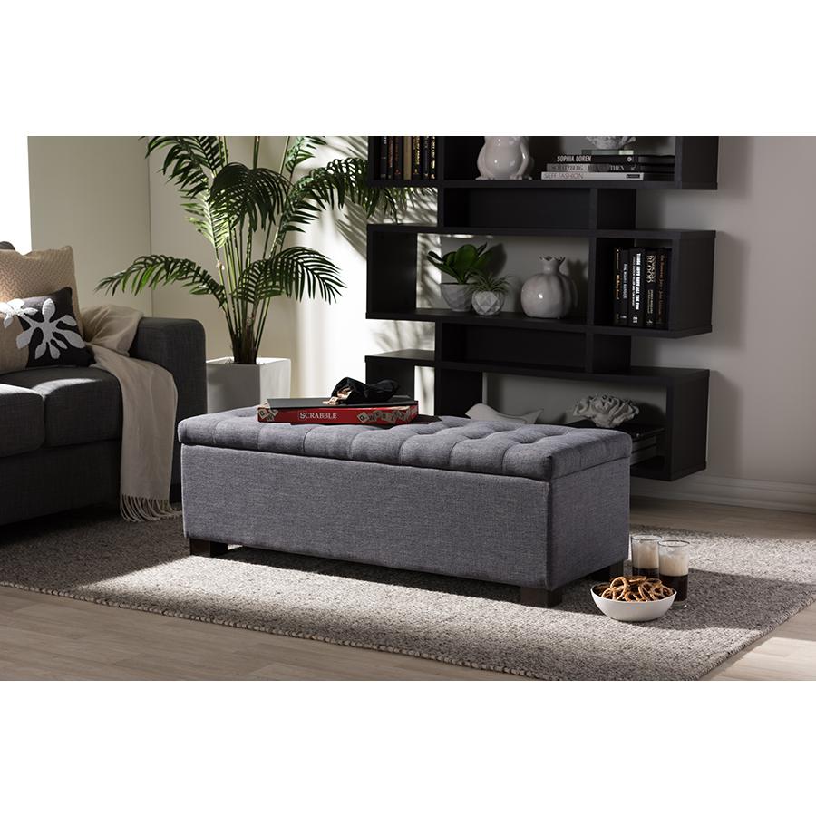Roanoke Modern and Contemporary Dark Grey Fabric Upholstered Grid-Tufting Storage Ottoman Bench. Picture 4