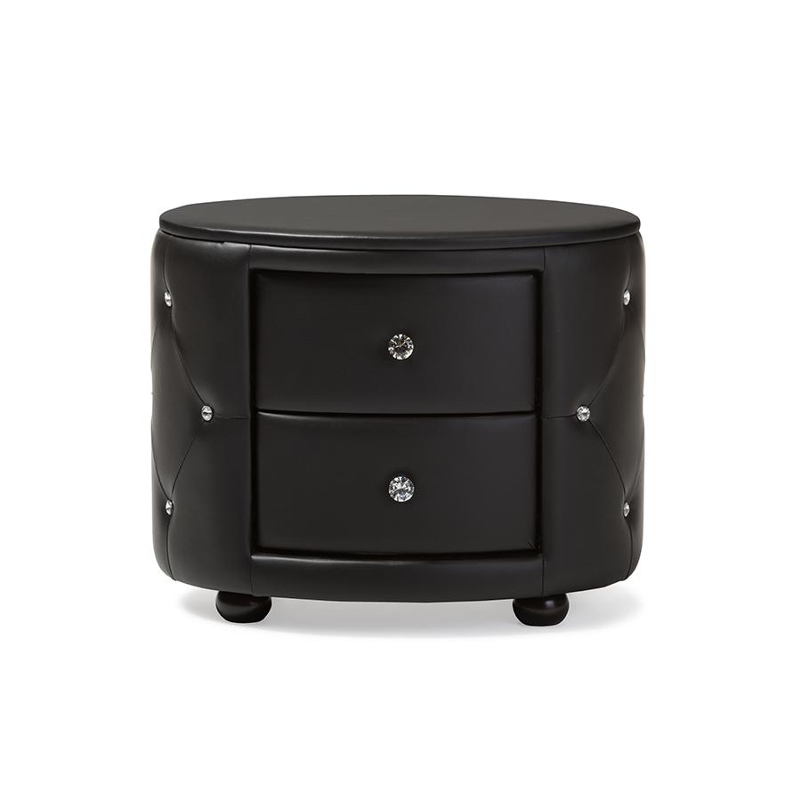 Davina Hollywood Glamour Style Oval 2-drawer Black Faux Leather Upholstered Nightstand. Picture 1