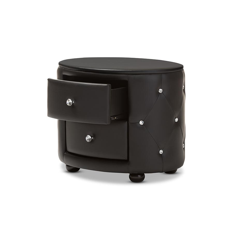 Davina Hollywood Glamour Style Oval 2-drawer Black Faux Leather Upholstered Nightstand. Picture 3