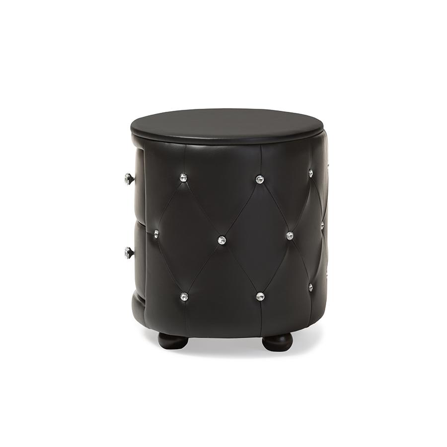Davina Hollywood Glamour Style Oval 2-drawer Black Faux Leather Upholstered Nightstand. Picture 4
