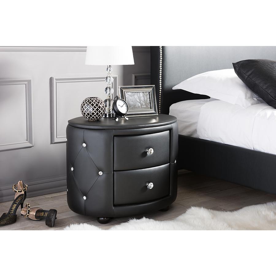 Glamour Style Oval 2-drawer Black Faux Leather Upholstered Nightstand. Picture 5