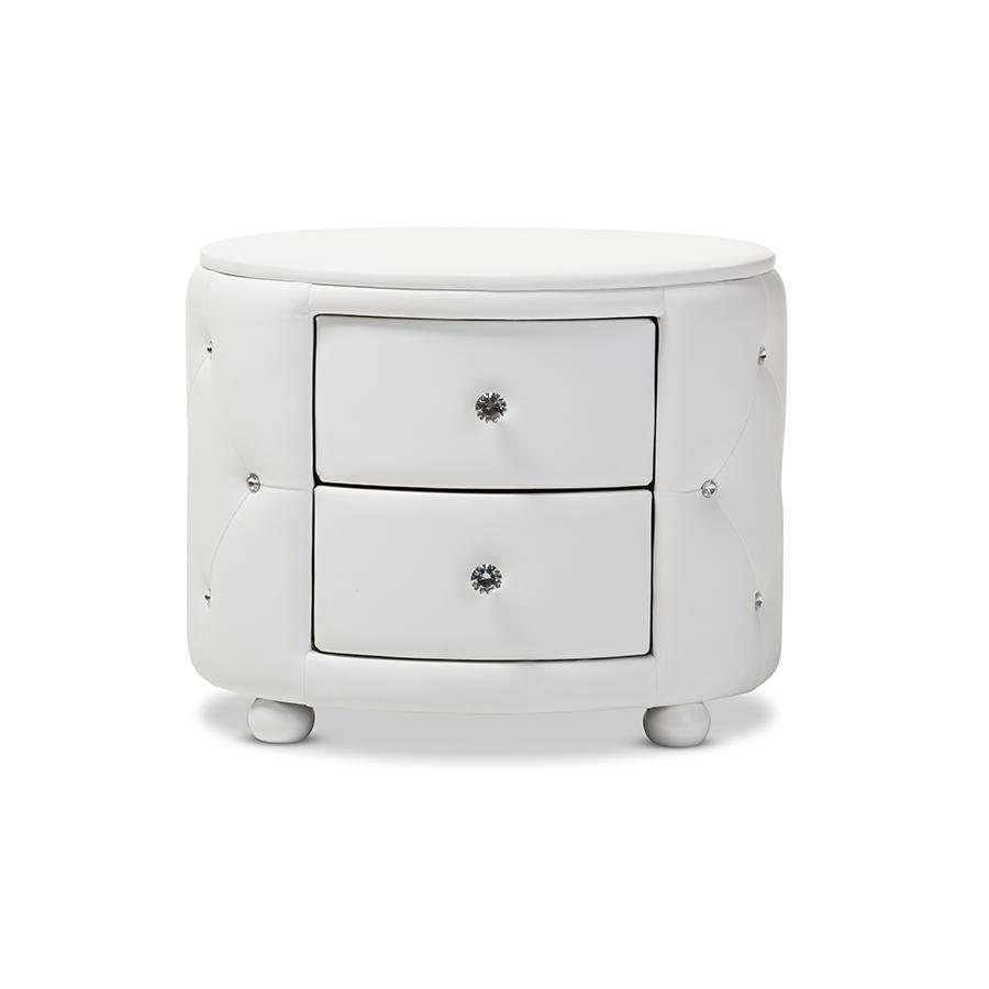 Davina Hollywood Glamour Style Oval 2-drawer White Faux Leather Upholstered Nightstand. Picture 1