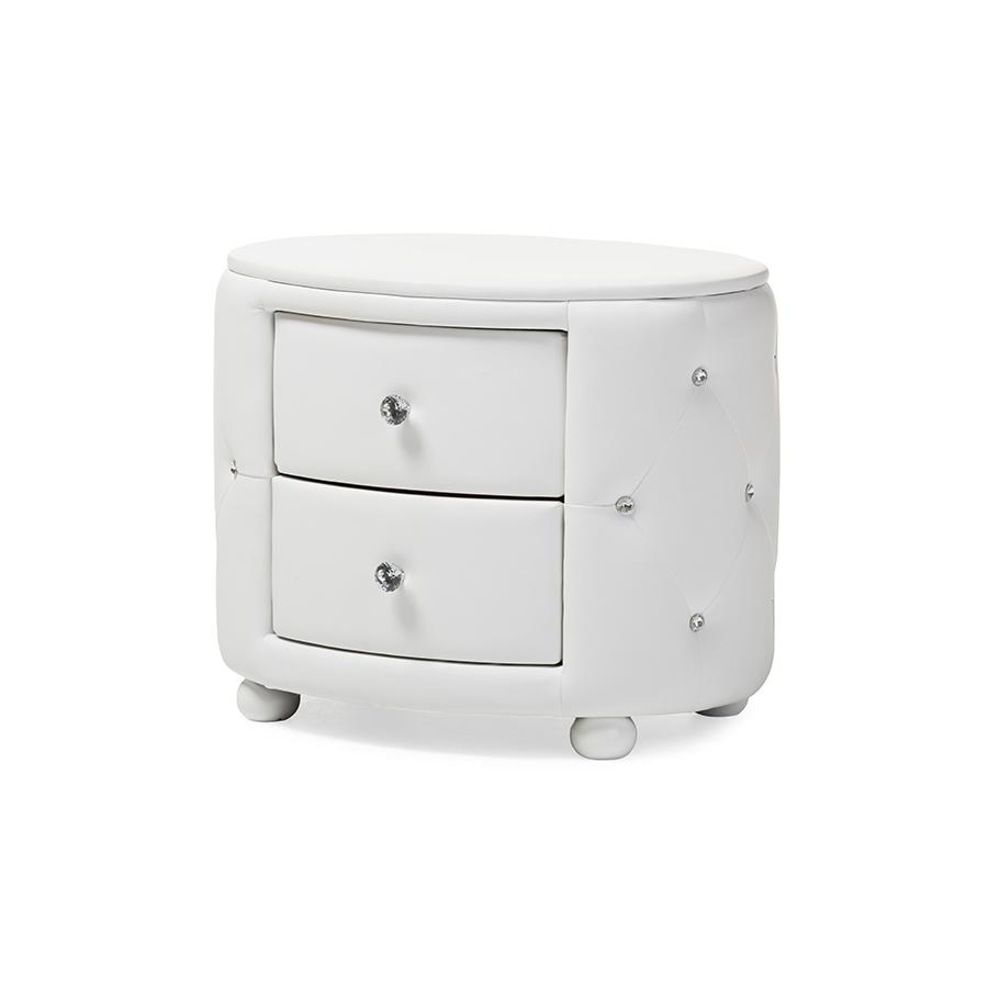 Glamour Style Oval 2-drawer White Faux Leather Upholstered Nightstand. Picture 1