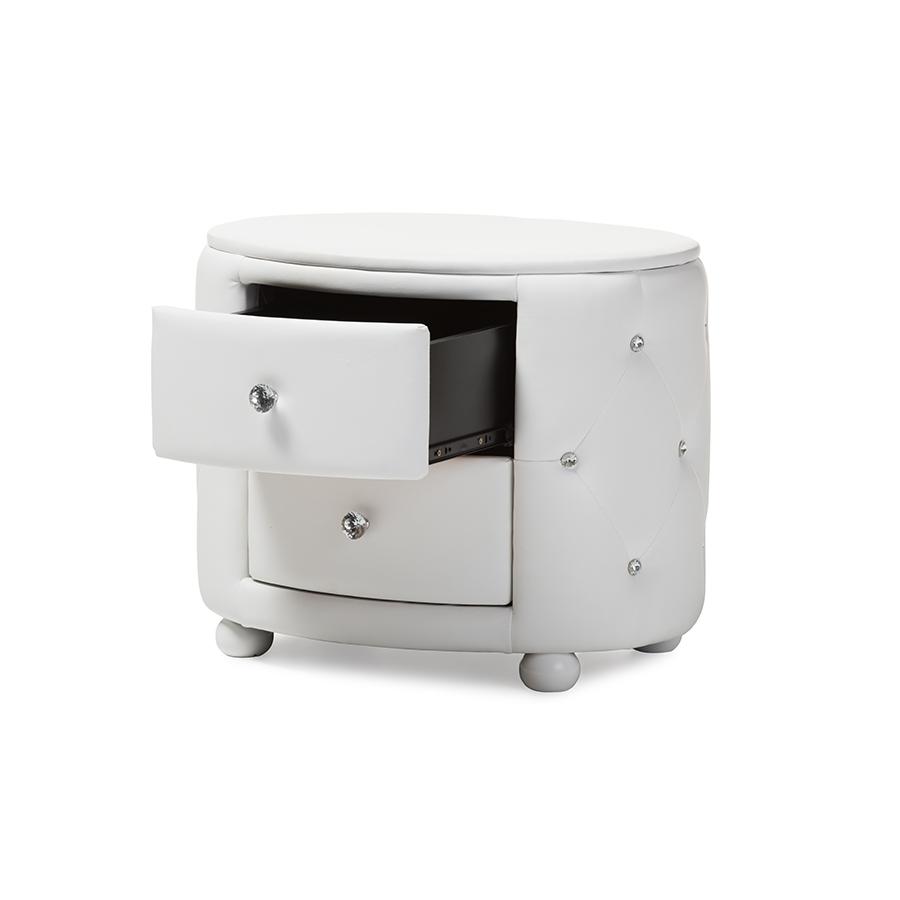 Glamour Style Oval 2-drawer White Faux Leather Upholstered Nightstand. Picture 2