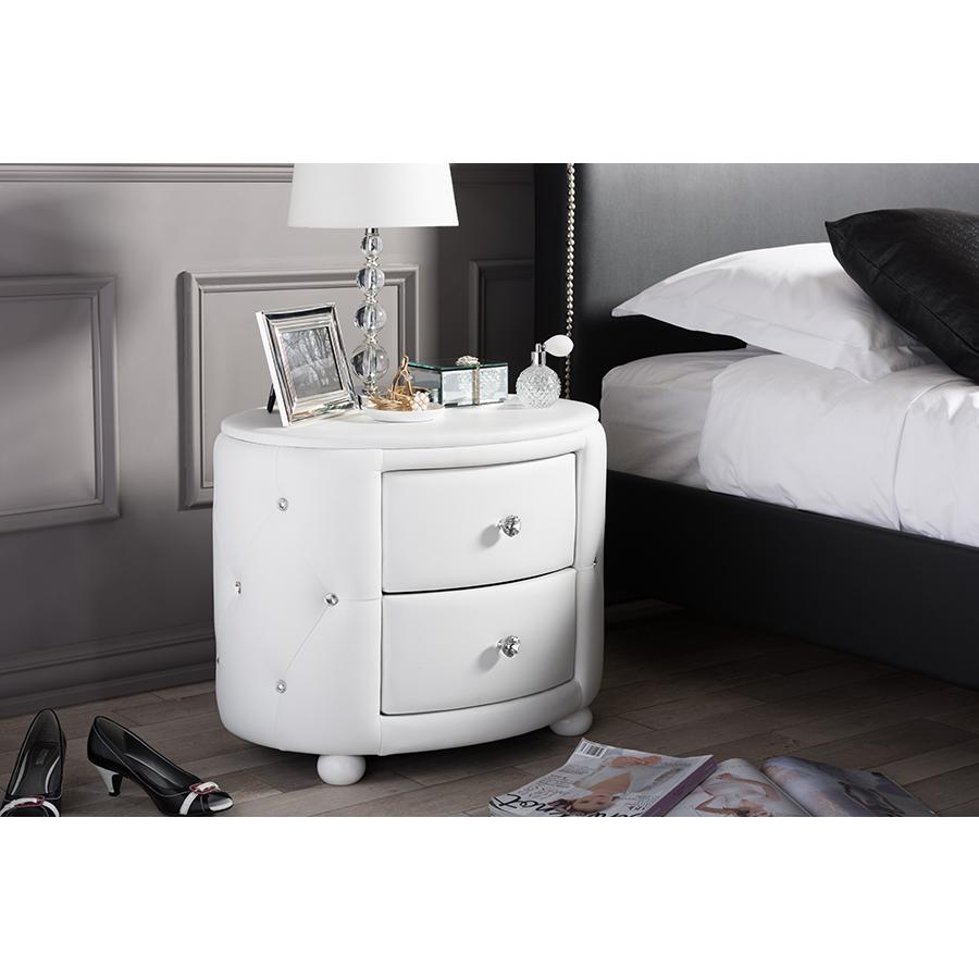Glamour Style Oval 2-drawer White Faux Leather Upholstered Nightstand. Picture 5