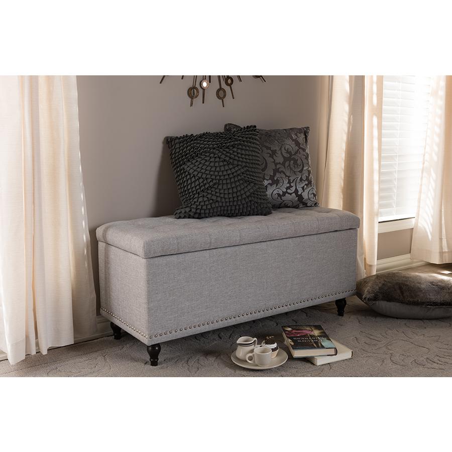 Classic Grayish Beige Fabric Upholstered Button-Tufting Storage Ottoman Bench. Picture 8