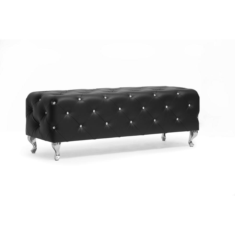 Crystal Tufted Black Leather Bench. Picture 1