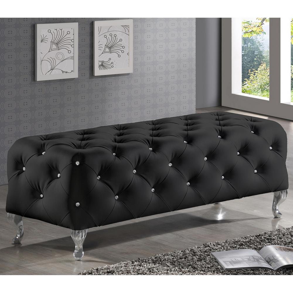 Crystal Tufted Black Leather Bench. Picture 2
