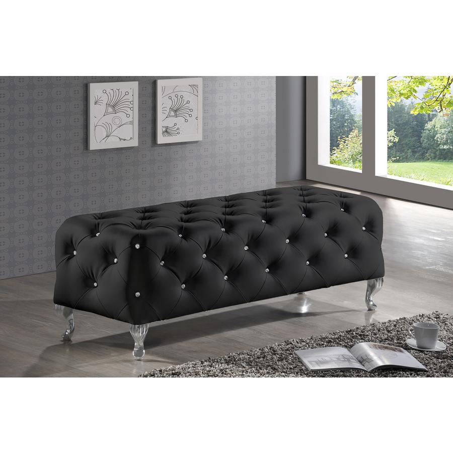 Crystal Tufted Black Leather Bench. Picture 4