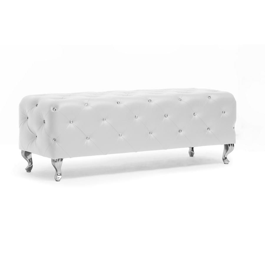 Crystal Tufted White Leather Bench. Picture 1