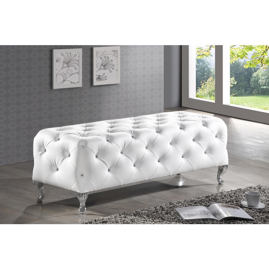 Crystal Tufted White Leather Bench. Picture 2