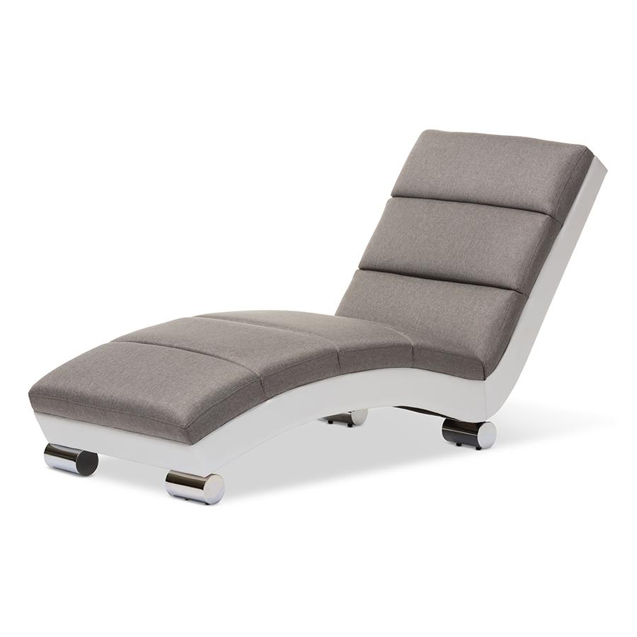 Percy Modern and Contemporary Grey Fabric and White Faux Leather Upholstered Chaise Lounge Grey/White. Picture 2